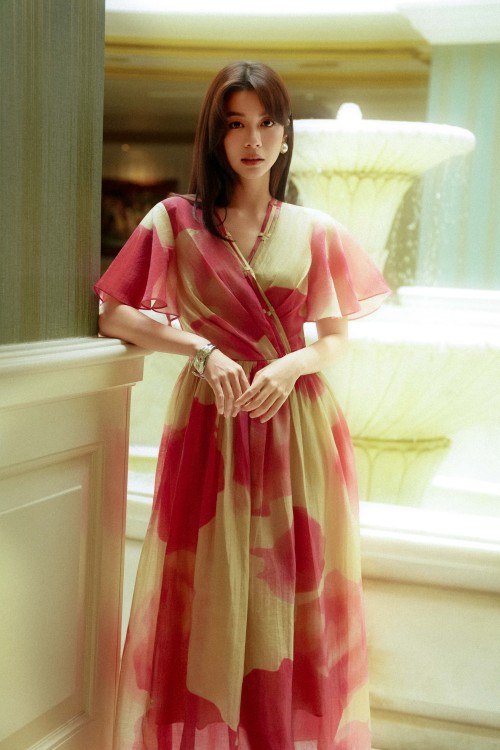 Sixdo Beige & Pink Organza Flared Dress